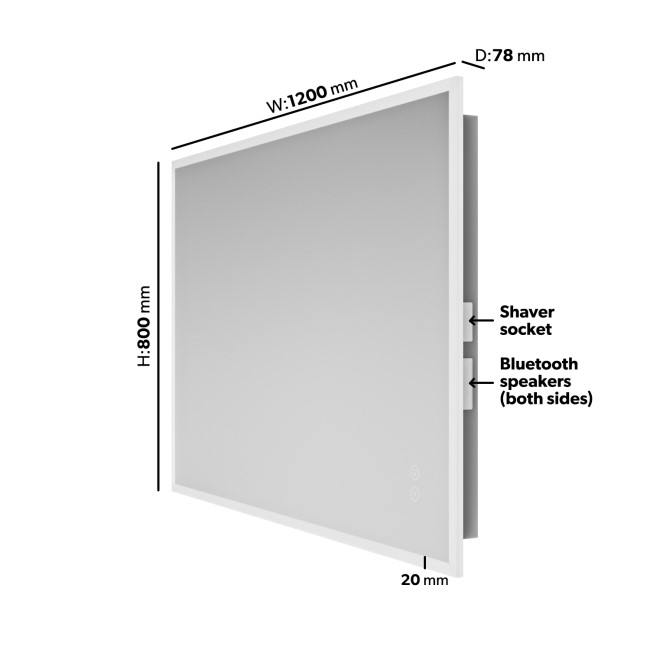 Rectangular LED Heated Bathroom Mirror with Bluetooth & Shaver Socket 1200 x 800mm - Divine