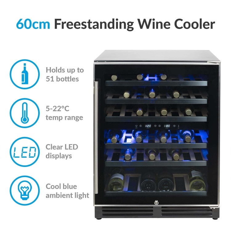 electriQ 51 Bottle Capacity Full Range Dual Zone Freestanding Wine Cooler - Black