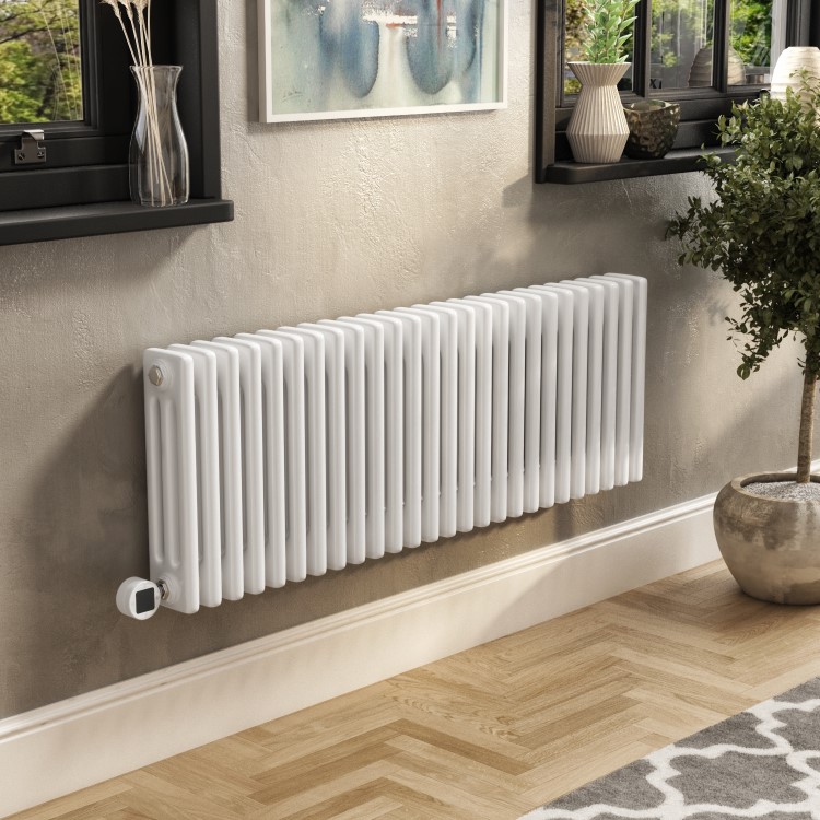 White Horizontal Column Smart Electric Radiator with Wi-Fi Thermostat - 1200W - H400xW1190mm - Bathroom Safe