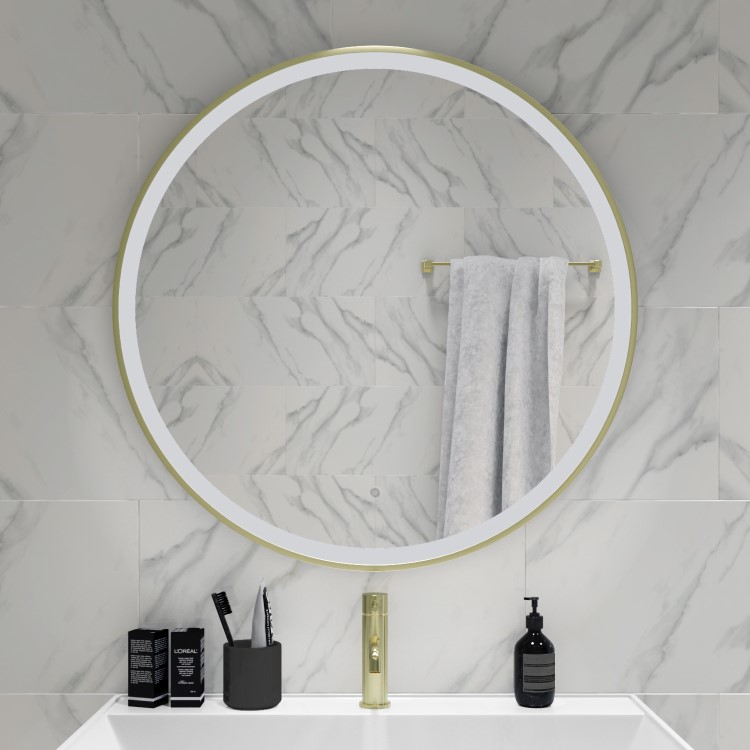 GRADE A1 - Round Brass LED Bathroom Mirror with Demister 800mm - Antares 