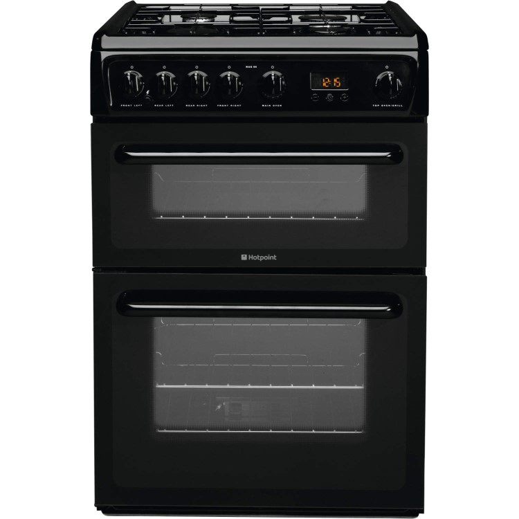 Refurbished Hotpoint HAG60K 60cm Double Oven Gas Cooker Black