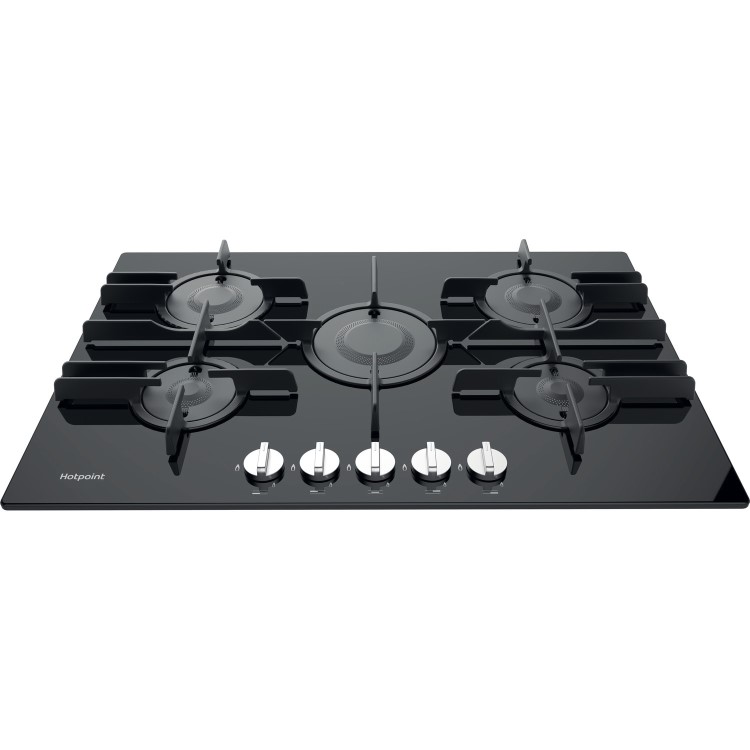 Refurbished Hotpoint FTGHG751DHBK 75cm 5 Burner Gas on Glass Gas Hob with Vertical Flame Black