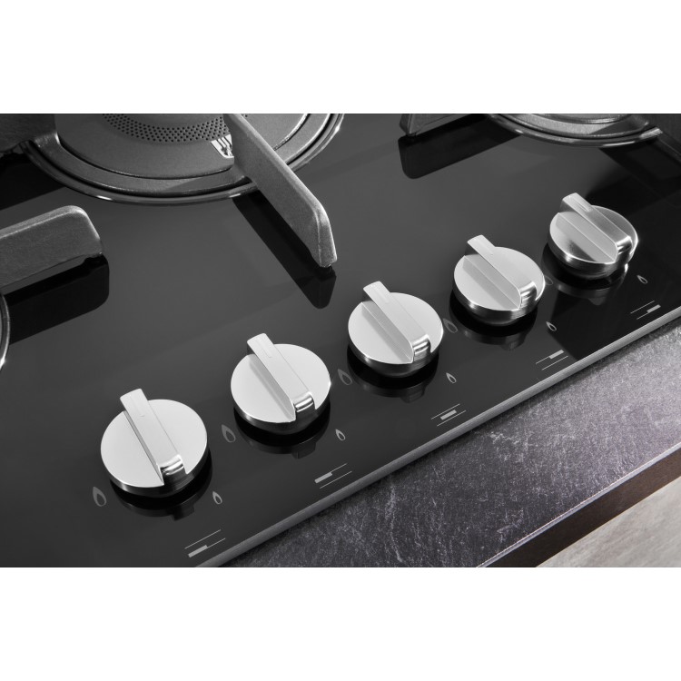 Refurbished Hotpoint FTGHG751DHBK 75cm 5 Burner Gas on Glass Gas Hob with Vertical Flame Black