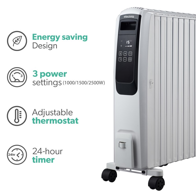 Refurbished electriQ 2500W Smart Oil Filled Radiator with Thermostat and Weekly Timer - White