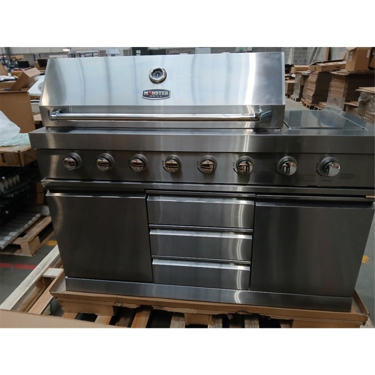 Refurbished Monster Grill - Ultimate Outdoor Kitchen - 6 Burner Gas BBQ Grill with Fridge and Sink