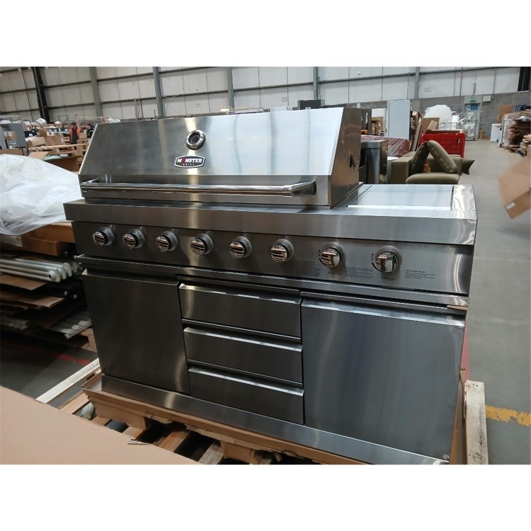 Refurbished Monster Grill - Ultimate Outdoor Kitchen - 6 Burner Gas BBQ Grill with Fridge and Sink