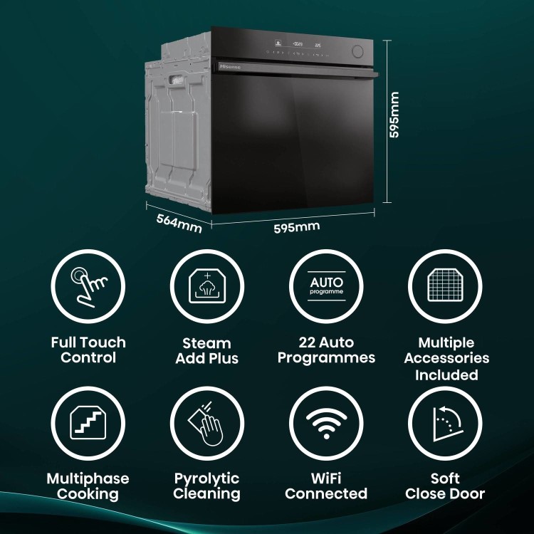 Refurbished Hisense Hi6 BlackLine BSA66346PDBGUK Built In Electric Pyrolytic Steam Add Plus Single Oven