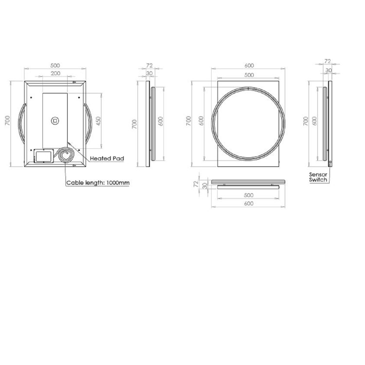 GRADE A1 - Black Round LED Bathroom Mirror with Demister 500 x 700mm- HiB Solas 50