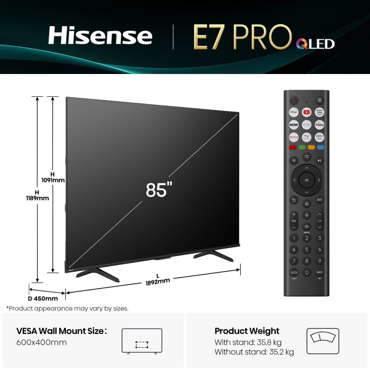 Hisense E78QTUK PRO 85 inch Smart 4K Ultra HD QLED TV