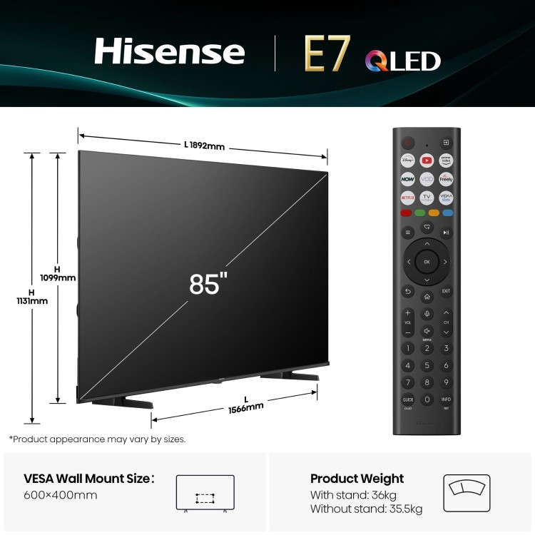 Hisense E7QTUK 85 inch Smart 4K Ultra HD QLED TV