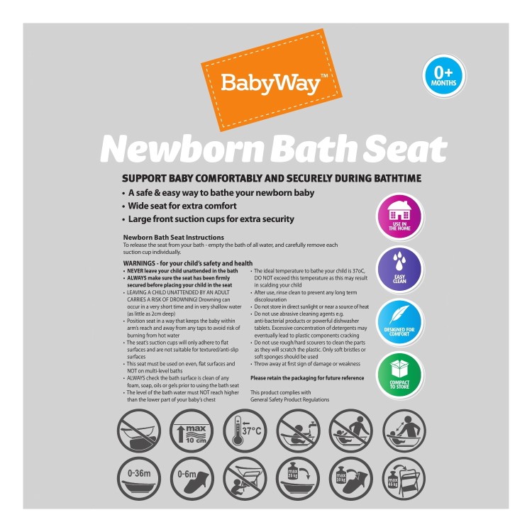 Babyway Newborn Layback Bath Support Seat with 4x Suction Pads