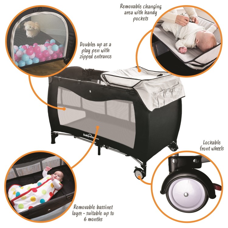 Travel Cot + Playpen with Mattress Bassinet and Changing Table by Babyway
