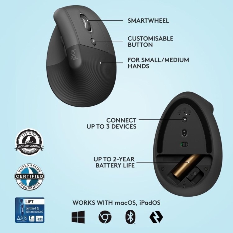 Logitech Lift Vertical Ergonomic Wireless Mouse Graphite