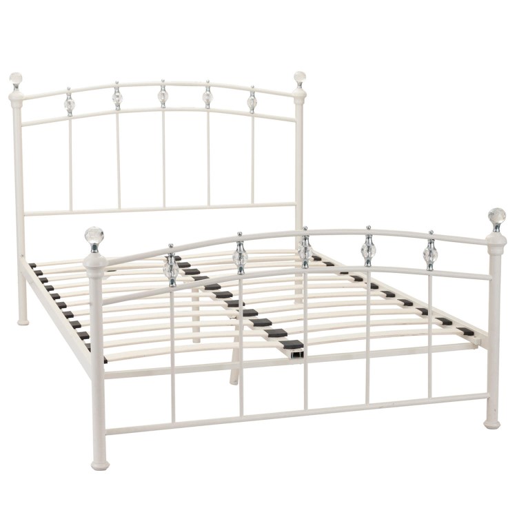 White Metal Double Bed Frame with Crystal Finials - Sophie - Julian Bowen
