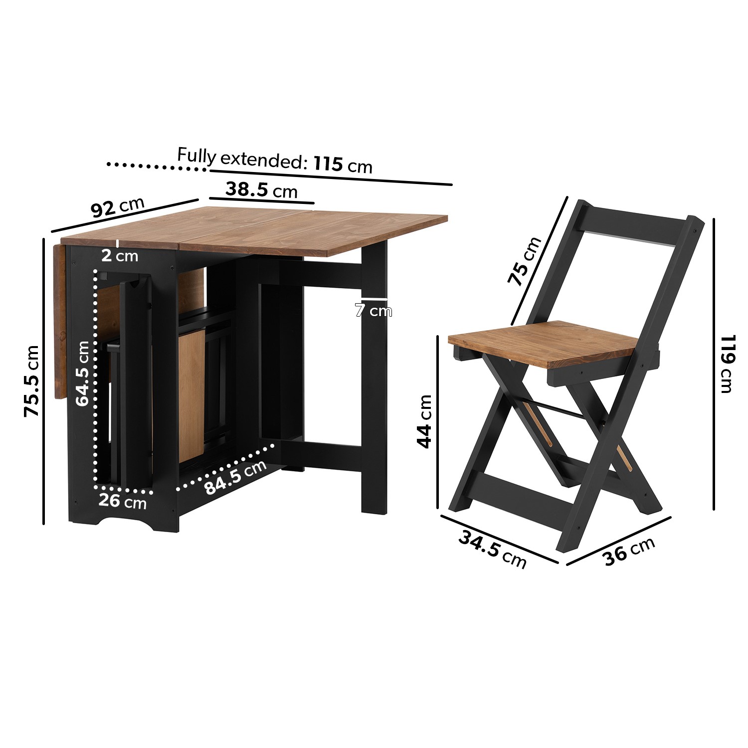 Black and Pine Drop Leaf Table Set with 4 Chairs Seats 4