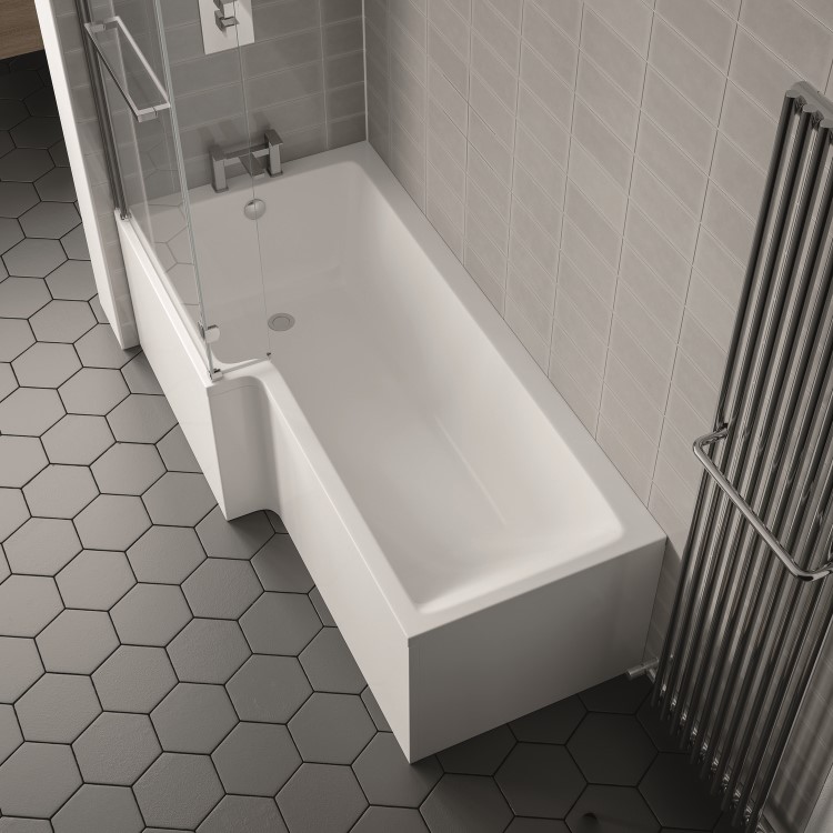 GRADE A1 - L Shape 1450mm 6mm Chrome Bath Screen with Towel Rail