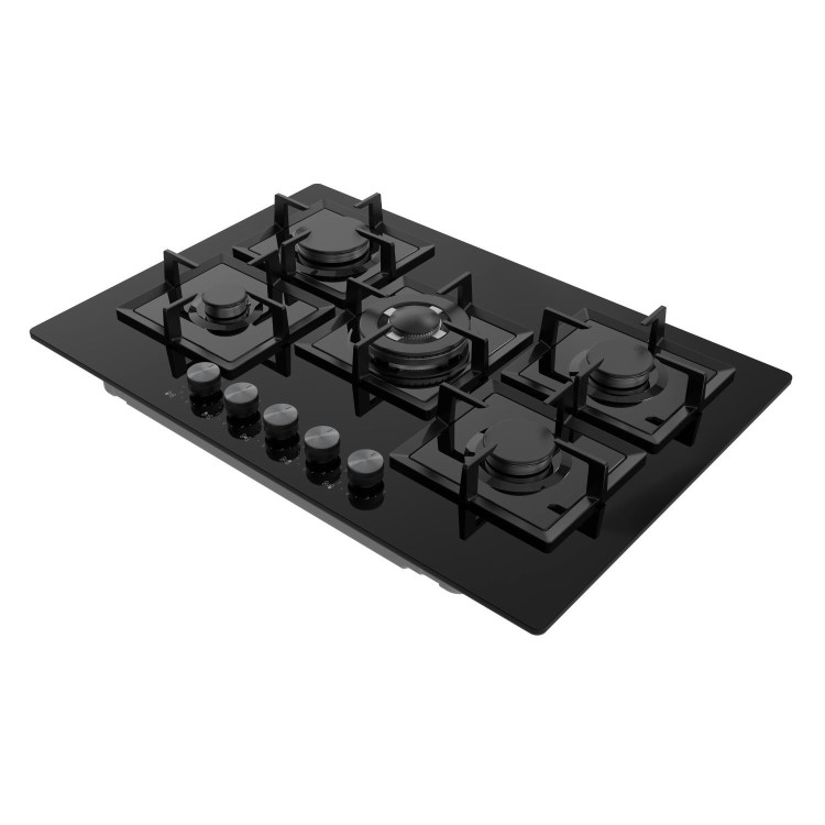electriQ 75cm 5 Burner Gas on Glass Hob - Black