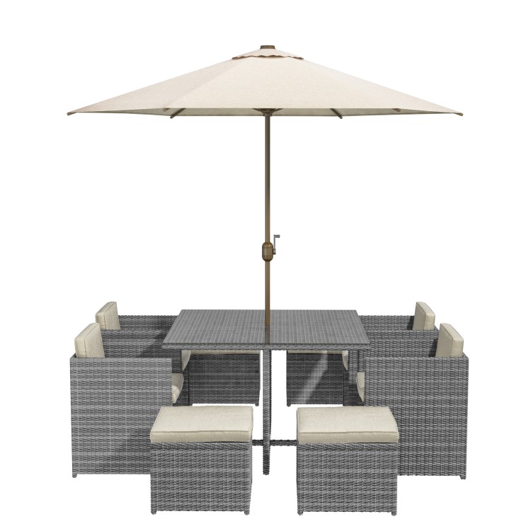 8 Seater Grey Rattan Cube Garden Dining Set - Parasol Included - Fortrose
