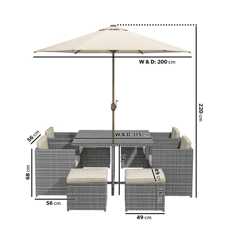 8 Seater Grey Rattan Cube Garden Dining Set - Parasol Included - Fortrose