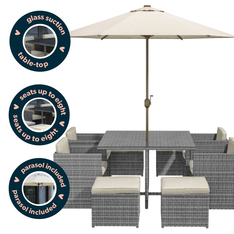 8 Seater Grey Rattan Cube Garden Dining Set - Parasol Included - Fortrose