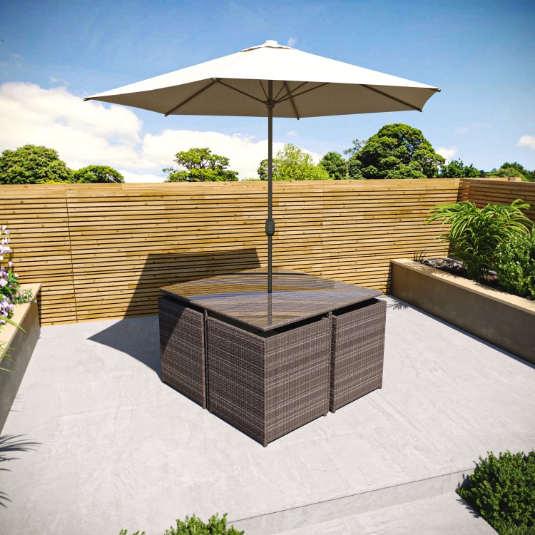 ONLY OPENED - Brown Rattan 6 Piece Garden Furniture Cube Dining Set - Parasol Included