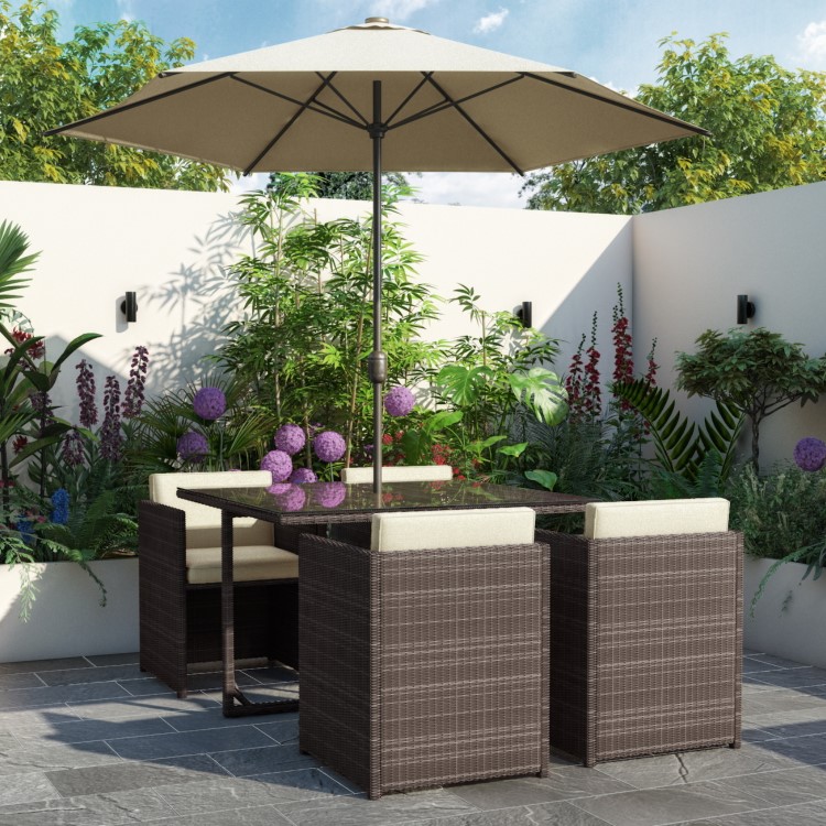 ONLY OPENED - Brown Rattan 6 Piece Garden Furniture Cube Dining Set - Parasol Included