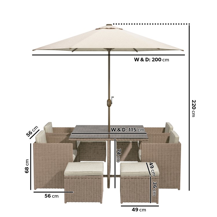 8 Seater Brown Rattan Cube Garden Dining Set - Parasol Included - Fortrose