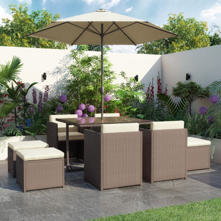 8 Seater Brown Rattan Cube Garden Dining Set - Parasol Included - Fortrose
