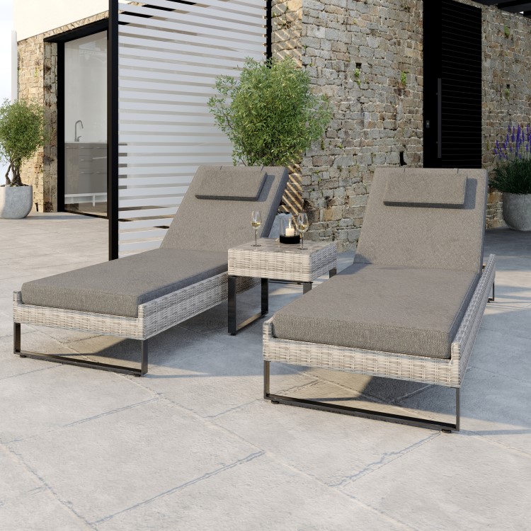 ALMOST PERFECT - Pair of Grey Rattan Reclining Garden Sun Lounger Set