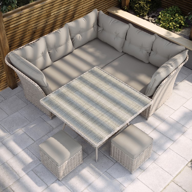 7 Seater Light Rattan Corner Sofa Set with 2 Stools and  Glass Table Top