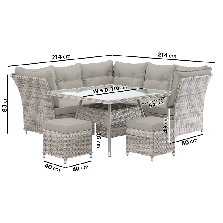 7 Seater Light Rattan Corner Sofa Set with 2 Stools and  Glass Table Top