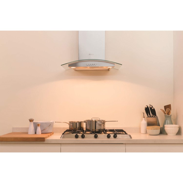 GRADE A1 - Indesit 60cm Curved Glass Chimney Hood - Stainless Steel