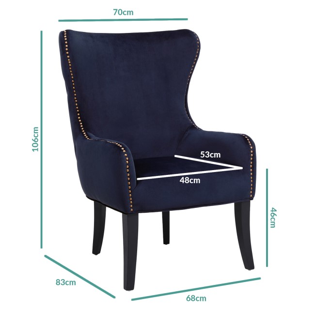 Navy Blue Velvet Armchair with Black Legs and Brass Studs - Jade Boutique