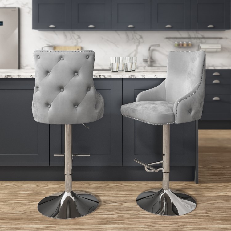 Light Grey Velvet Swivel Bar Stool - Height Adjustable - Jade Boutique