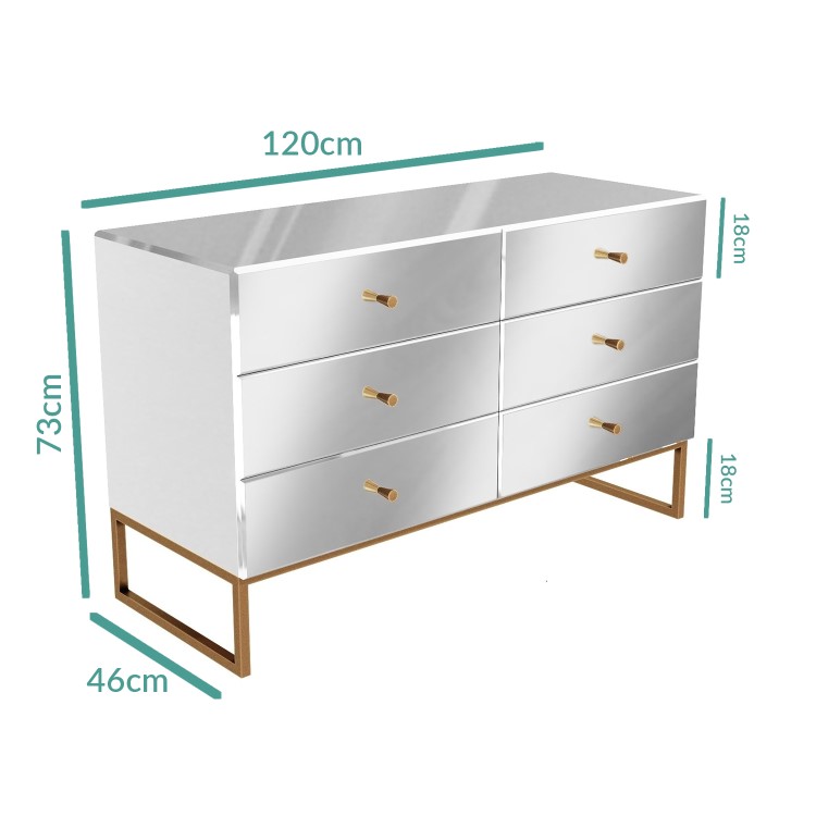 Wide Mirrored Chest of 6 Drawers with Legs - Lola