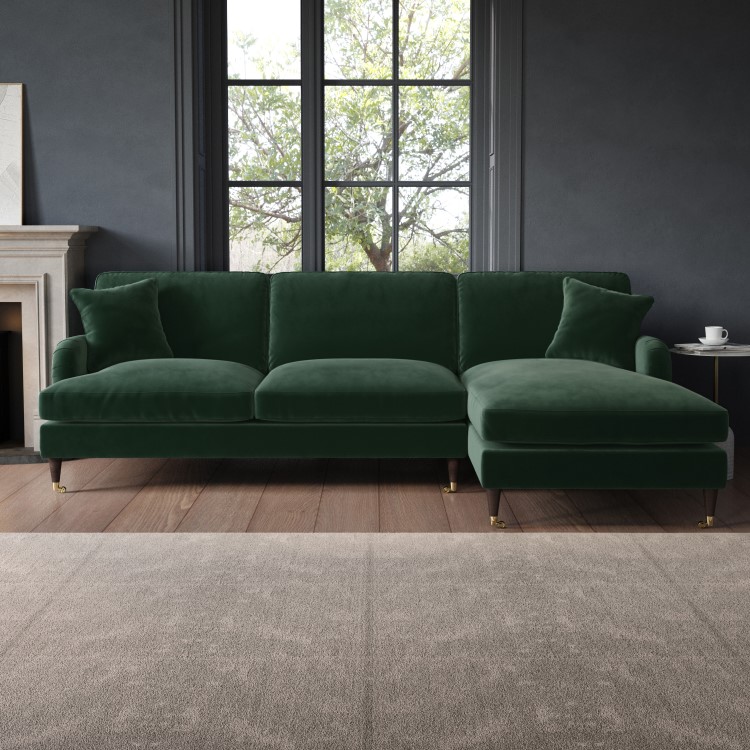 Dark Green Velvet Right Hand Facing 4 Seater Chaise Corner Sofa - Payton 