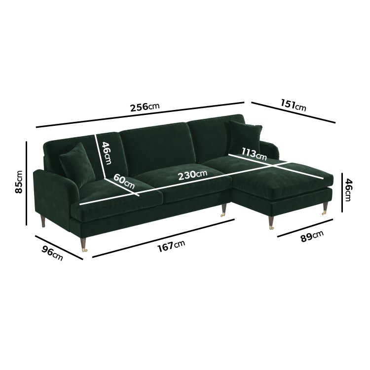 Dark Green Velvet Right Hand Facing 4 Seater Chaise Corner Sofa - Payton 