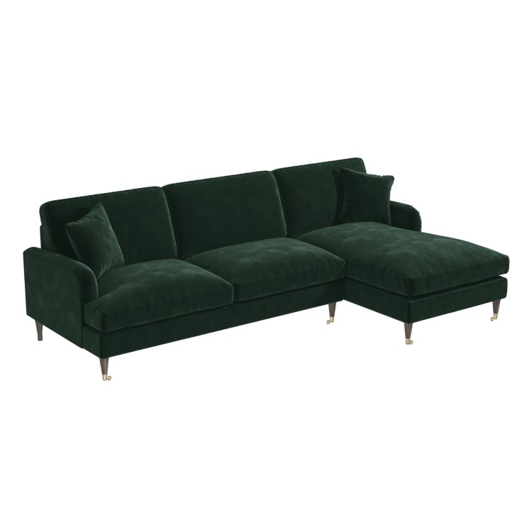 Dark Green Velvet Right Hand Facing 4 Seater Chaise Corner Sofa - Payton 