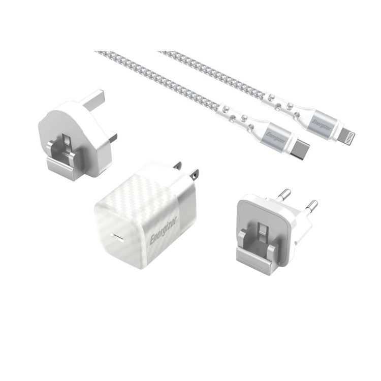 Energizer 20W Wall Charger with EU/UK/US Adapters with Lightning Cable - White