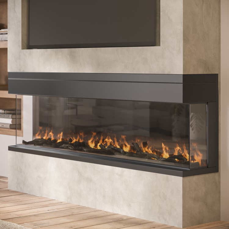 IMPERFECT - 60 Inch Black Inset Electric Media Wall Fireplace with Configurated Front and Side Glass Case - AmberGlo
