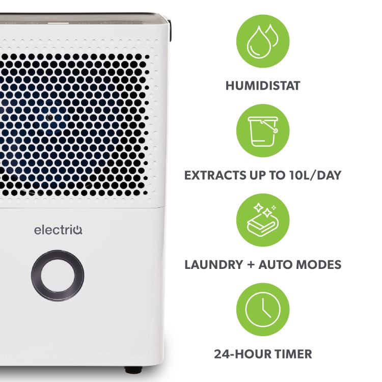 Refurbished electriQ 10 Litre Dehumidifier with Humidistat and Odour Filter for Damp Mould Drying Clothes