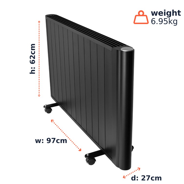 electriQ 2000W Smart Aluminium Electric Designer Radiator Sleek Black Wall Mounted - Energy Efficient Panel Heater