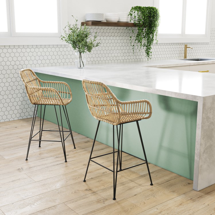 Set of 2 Brown Rattan Effect Kitchen Stools with Backs - 66cm - Fion