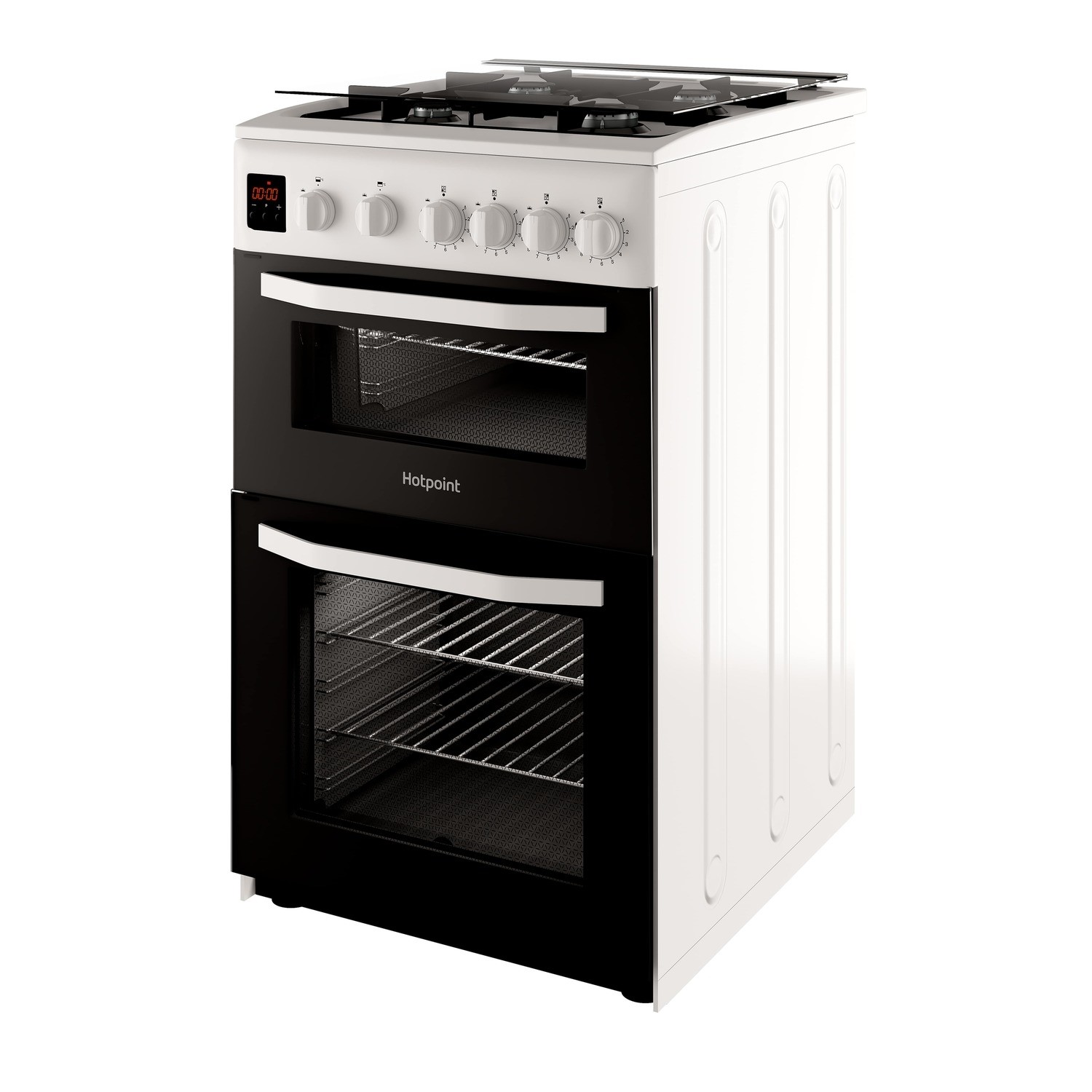 Refurbished Hotpoint HD5G00CCW 50cm Double Cavity Gas Cooker with Lid