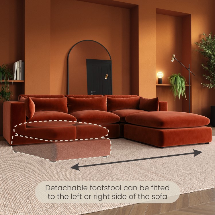 Large Burnt Orange Velvet Reversible 4-Seater Chaise Corner Sofa - Hudson