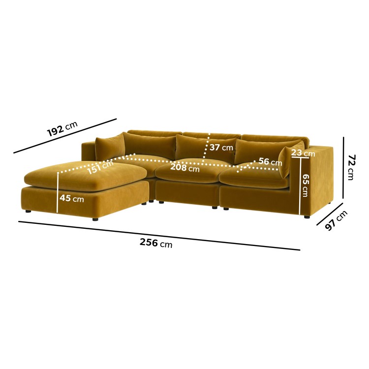 Large Mustard Velvet Reversible 4 Seater Chaise Corner Sofa - Hudson