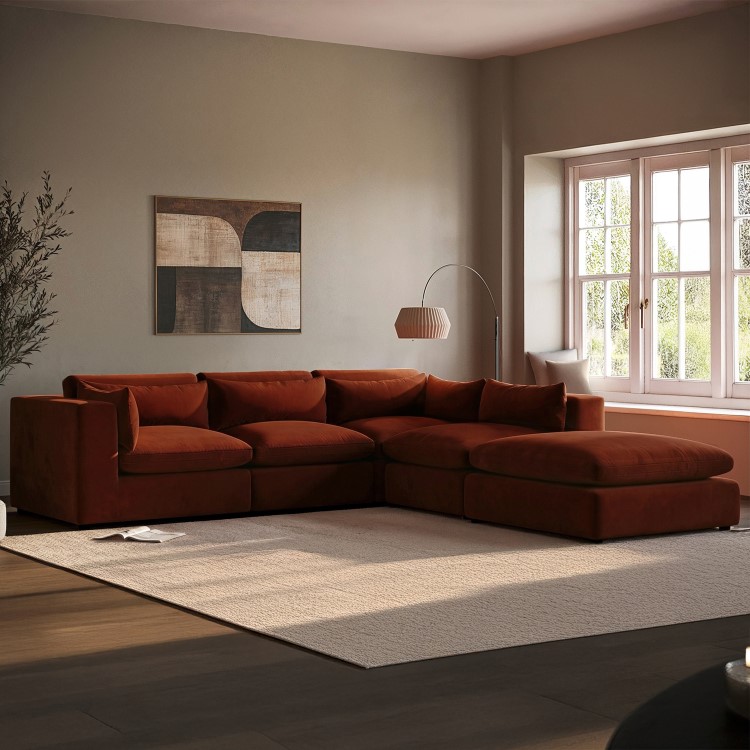 ALMOST PERFECT - Large Burnt Orange Velvet 5 Seater Modular Corner Sofa - Hudson