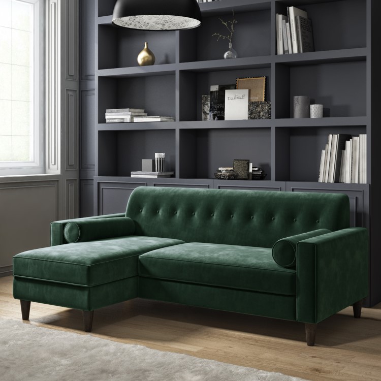 Green Velvet Left Hand 3 Seater Small Chaise Corner Sofa - Idris