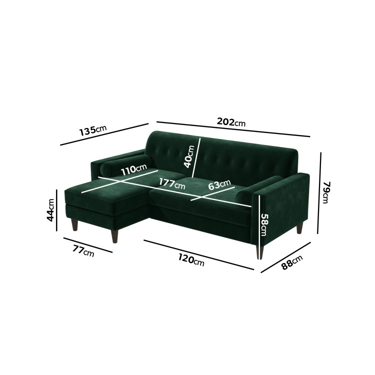 Green Velvet Left Hand 3 Seater Small Chaise Corner Sofa - Idris