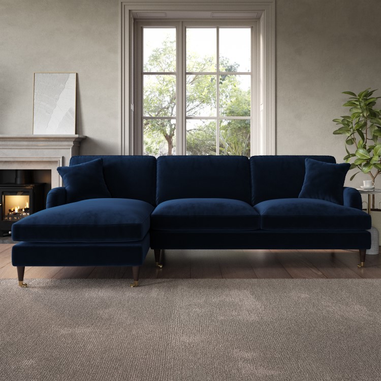 Navy Velvet Left Hand Facing 4 Seater Chaise Corner Sofa - Payton
